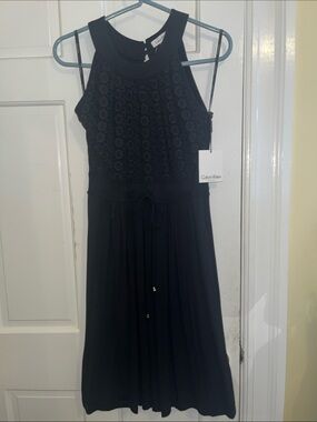 NWT Calvin Klein Black Crochet Bodice Mock High Neck Sleeveless Dress Size 4